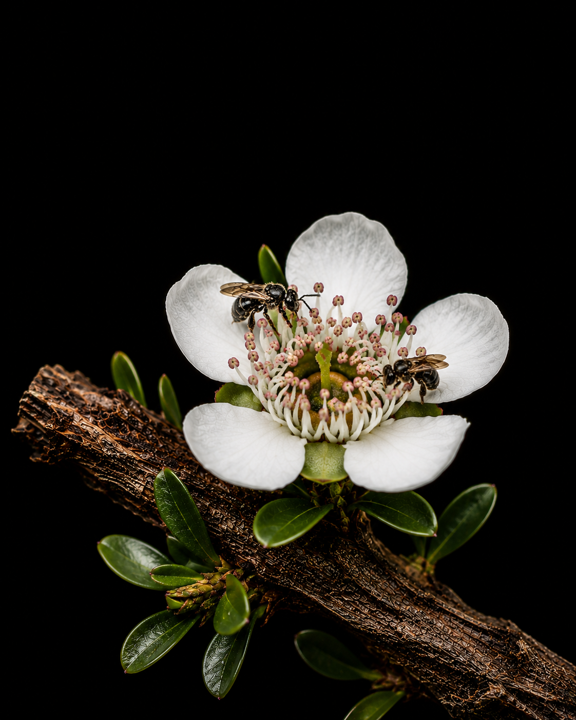 Australian native stingless bees on a white manuka flower