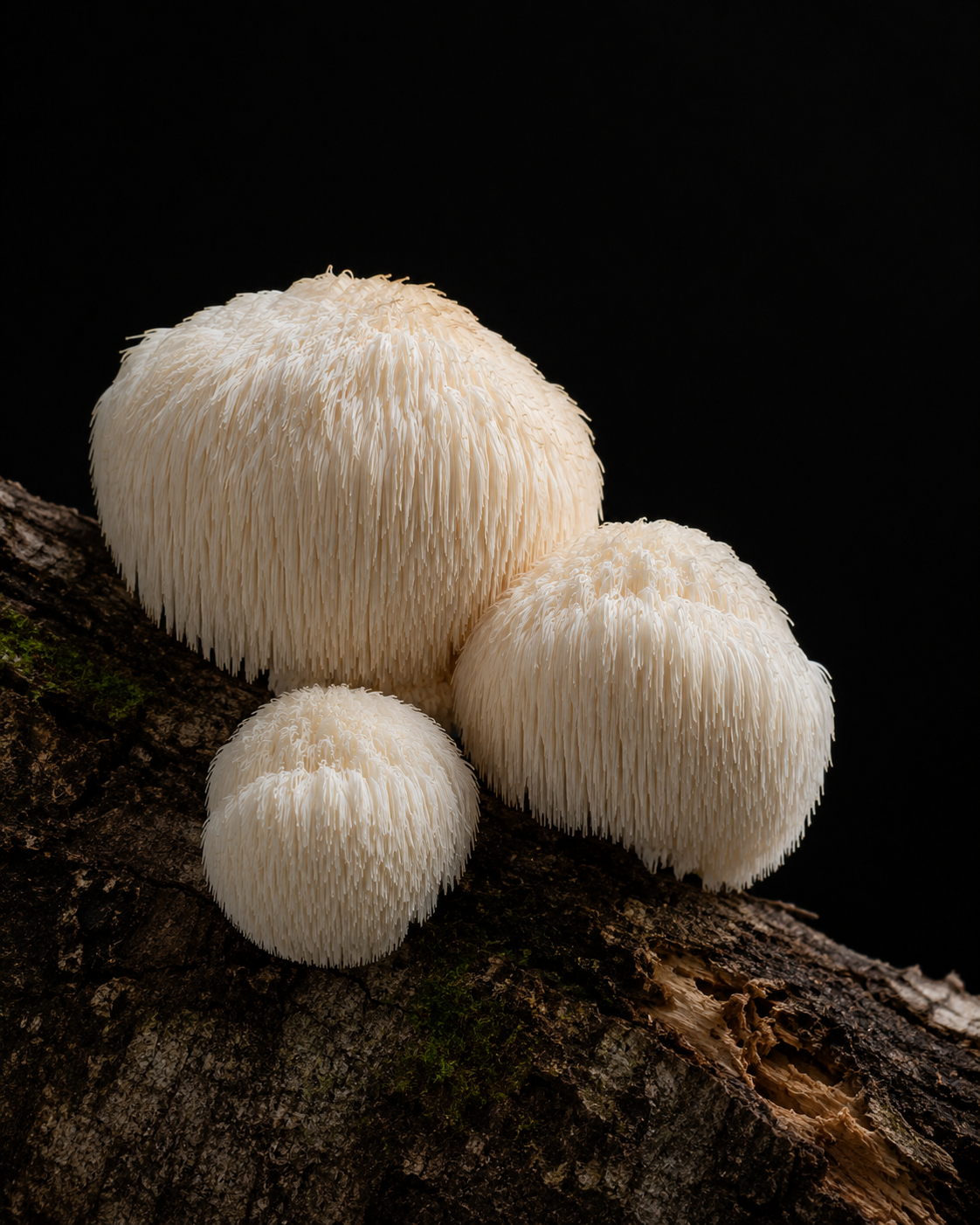 Lion's Mane mushrooms growing on a log