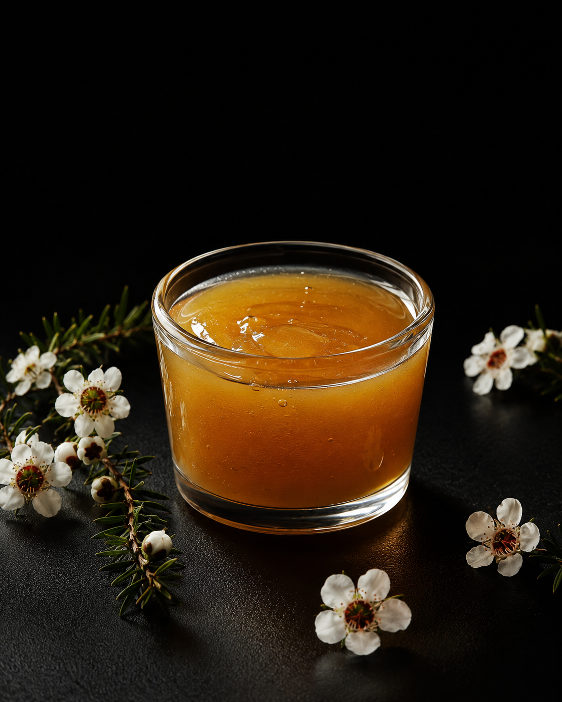 Manuka honey in a glass bowl surrounded by manuka tea-tree flowers